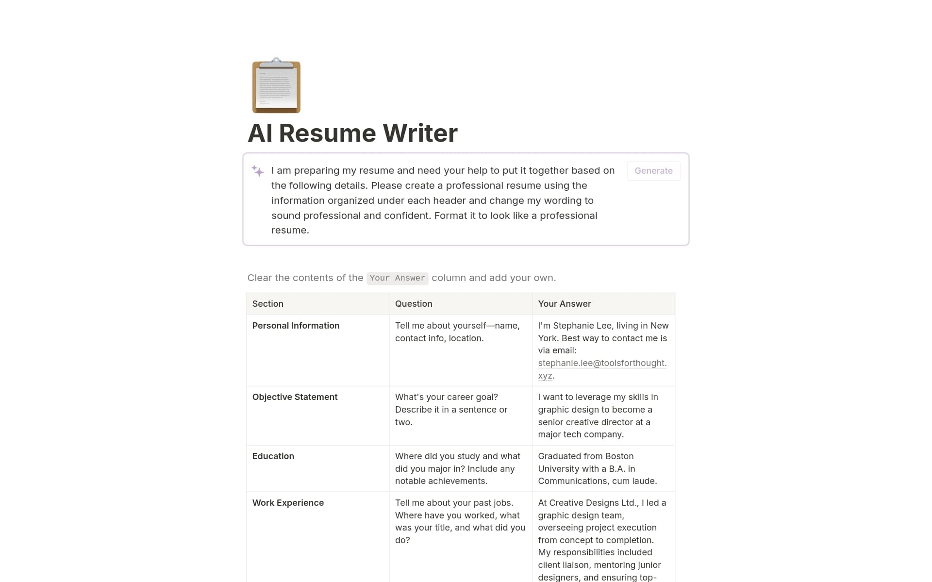 Enhance your job application with Notion AI Resume Writer. Quickly input your career details and let AI transform them into a polished, professional resume tailored to your industry. Perfect for anyone looking to streamline their job search.