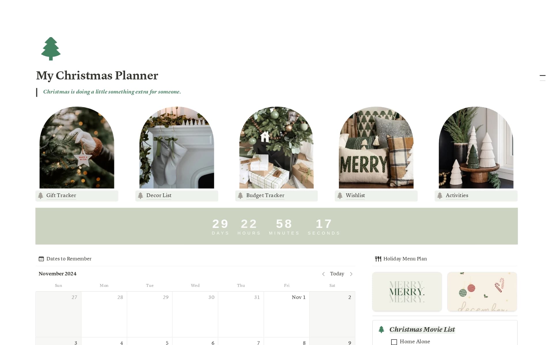 A template preview for Christmas Planner Sage Green
