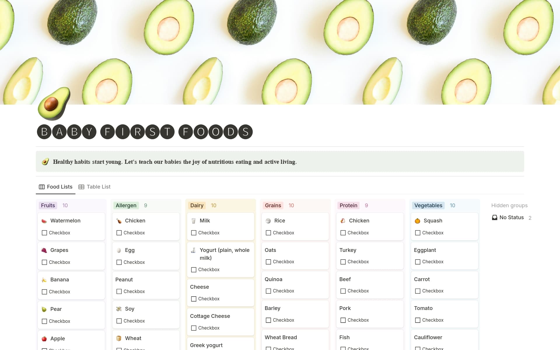 Introducing our Baby's First 100 Foods Chart! This Notion template is designed to help you track your baby's food journey effortlessly. It's filled with features to keep you organized and informed.