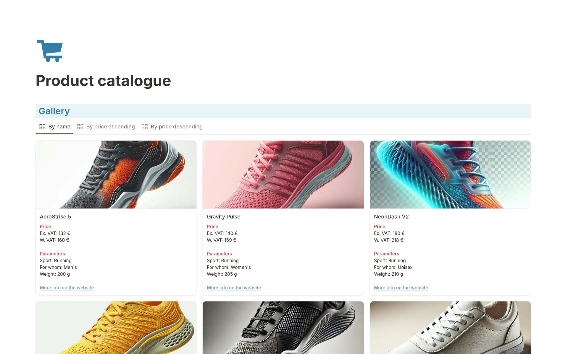 A template preview for Product catalogue