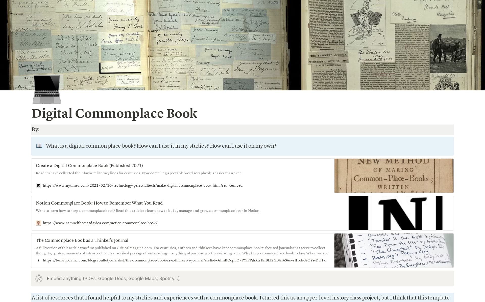 A digital commonplace book template