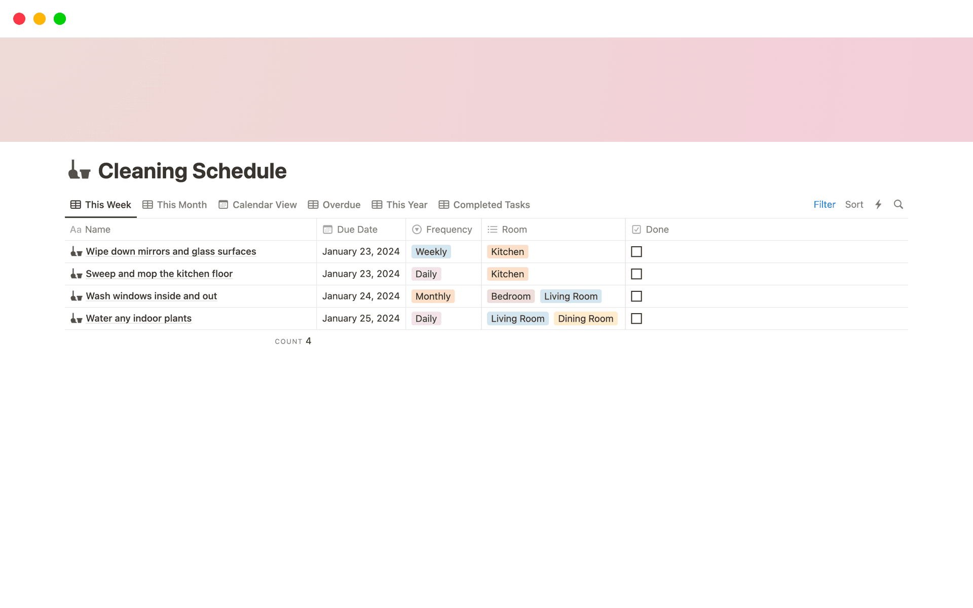 Elevate Your Home's Charm with our Free Cleaning Schedule Notion Template! Crafted for an Aesthetic Touch, Simplify Your House Cleaning Tasks with a Stylish Cleaning Schedule.