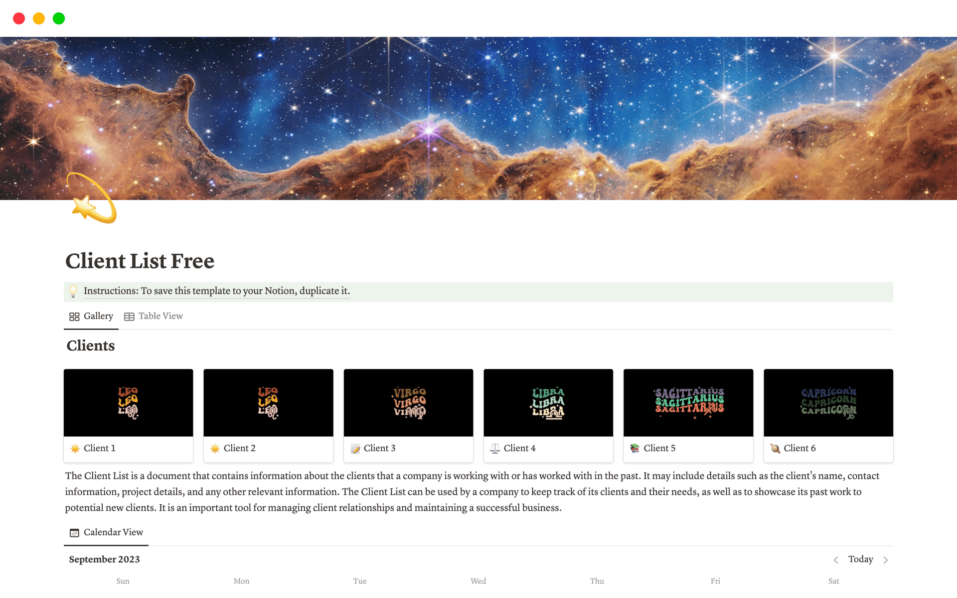 A template preview for Client List