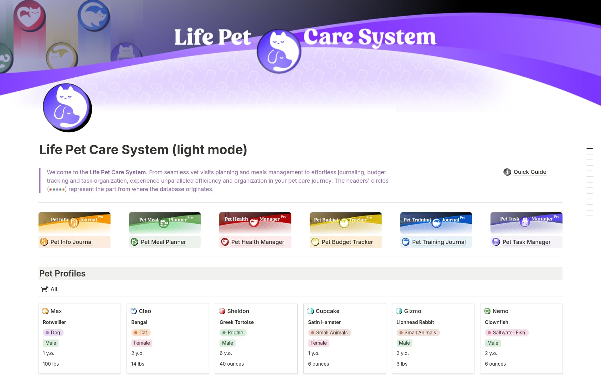 Life Pet Care System for Notion is the ultimate All-in-one digital planner designed for pet owners of all types that brings together everything you need in one convenient platform.