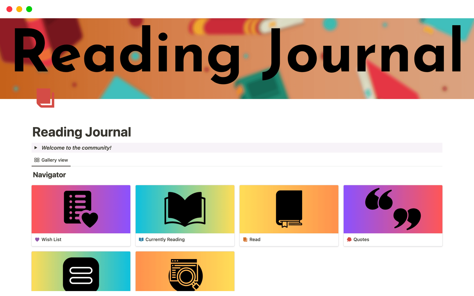 A template preview for Reading Journal