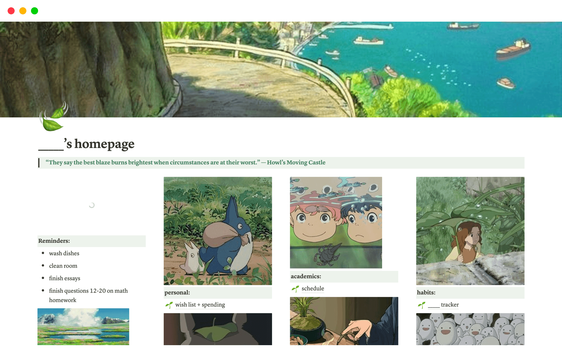 A template preview for studio ghibli homepage
