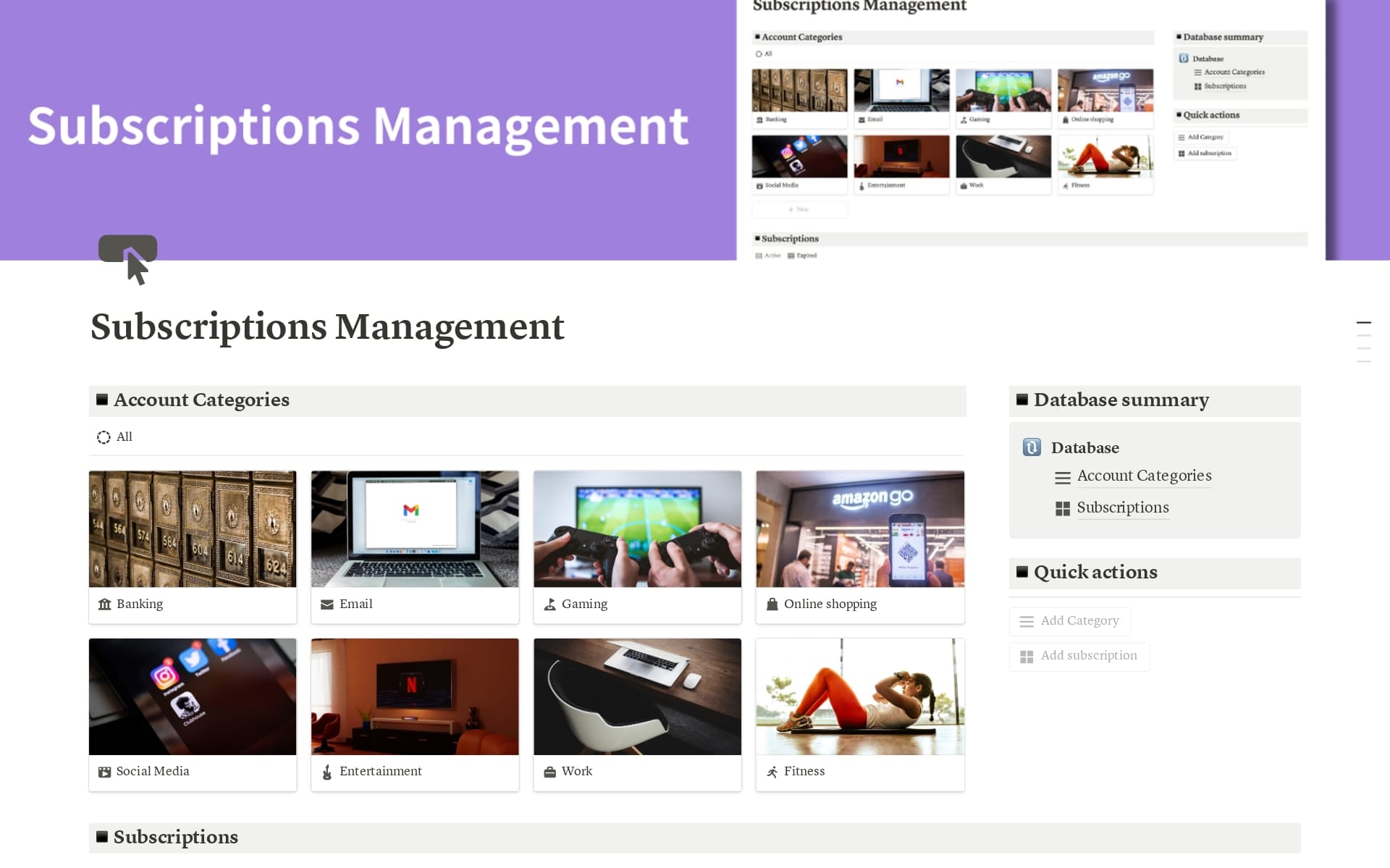 A template preview for Subscriptions Management