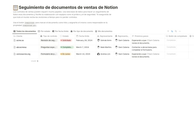 Seguimiento de documentos de venta de Notion