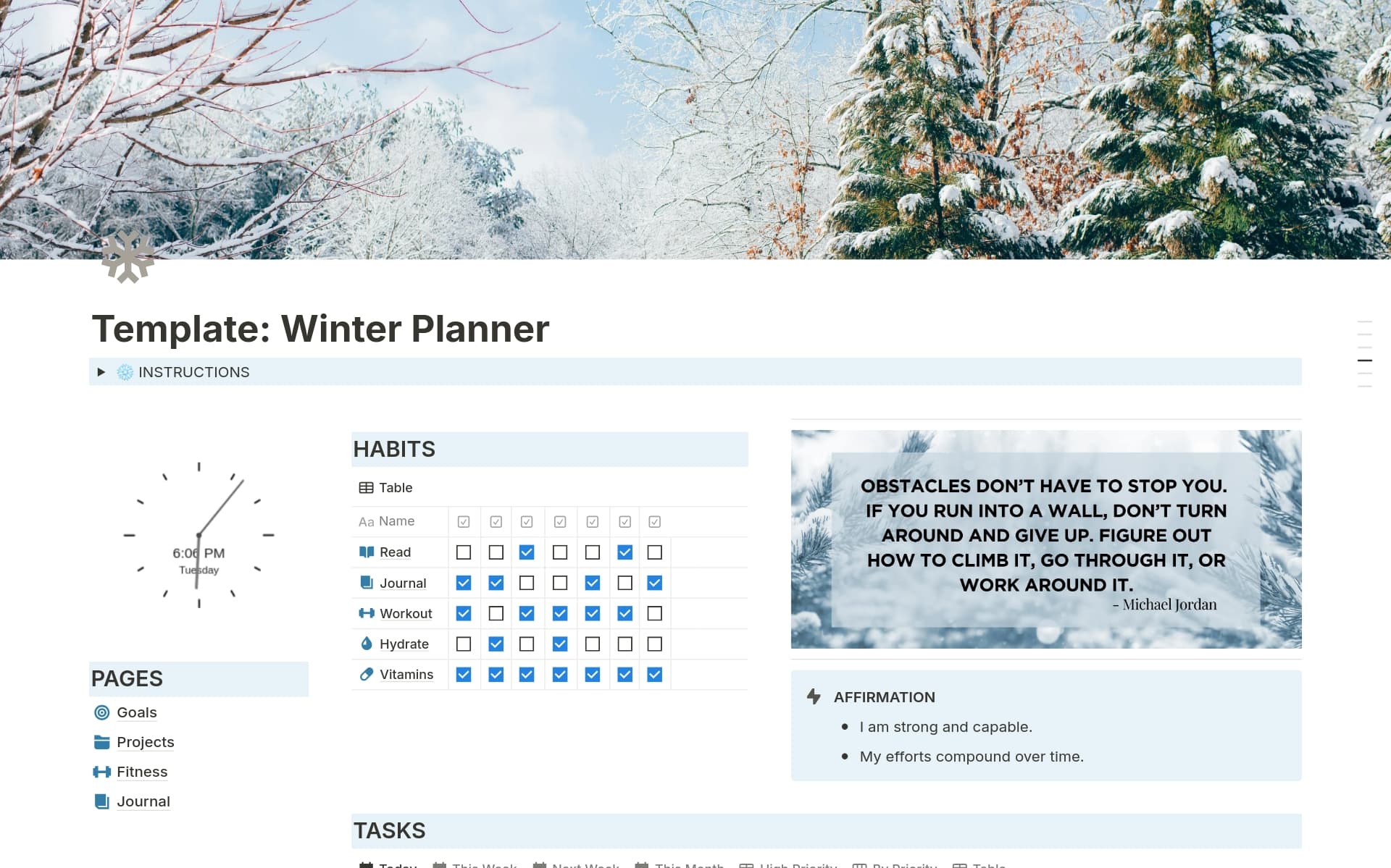 A template preview for Winter Themed Planner, Journal, Tasks, Fitness