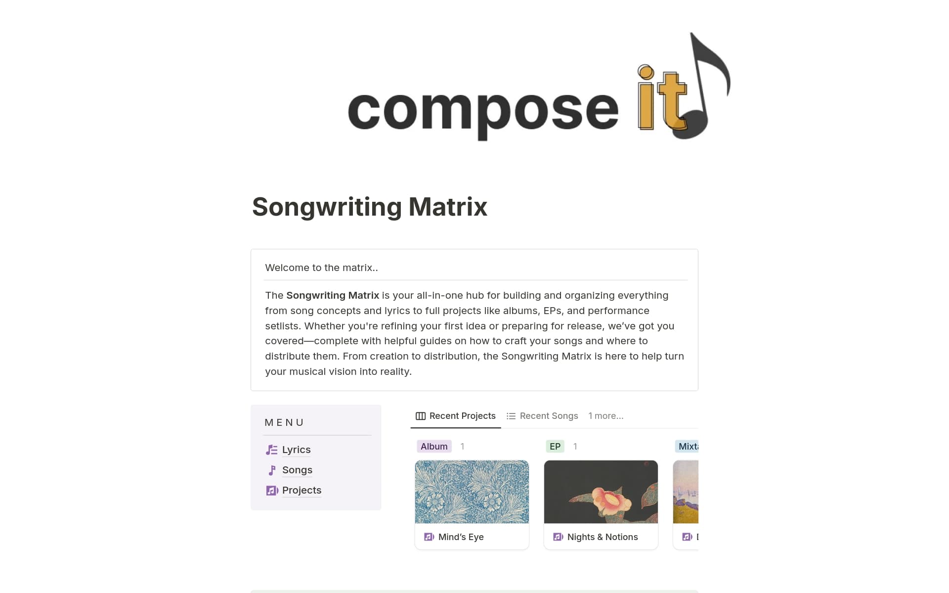 A template preview for Songwriting Matrix