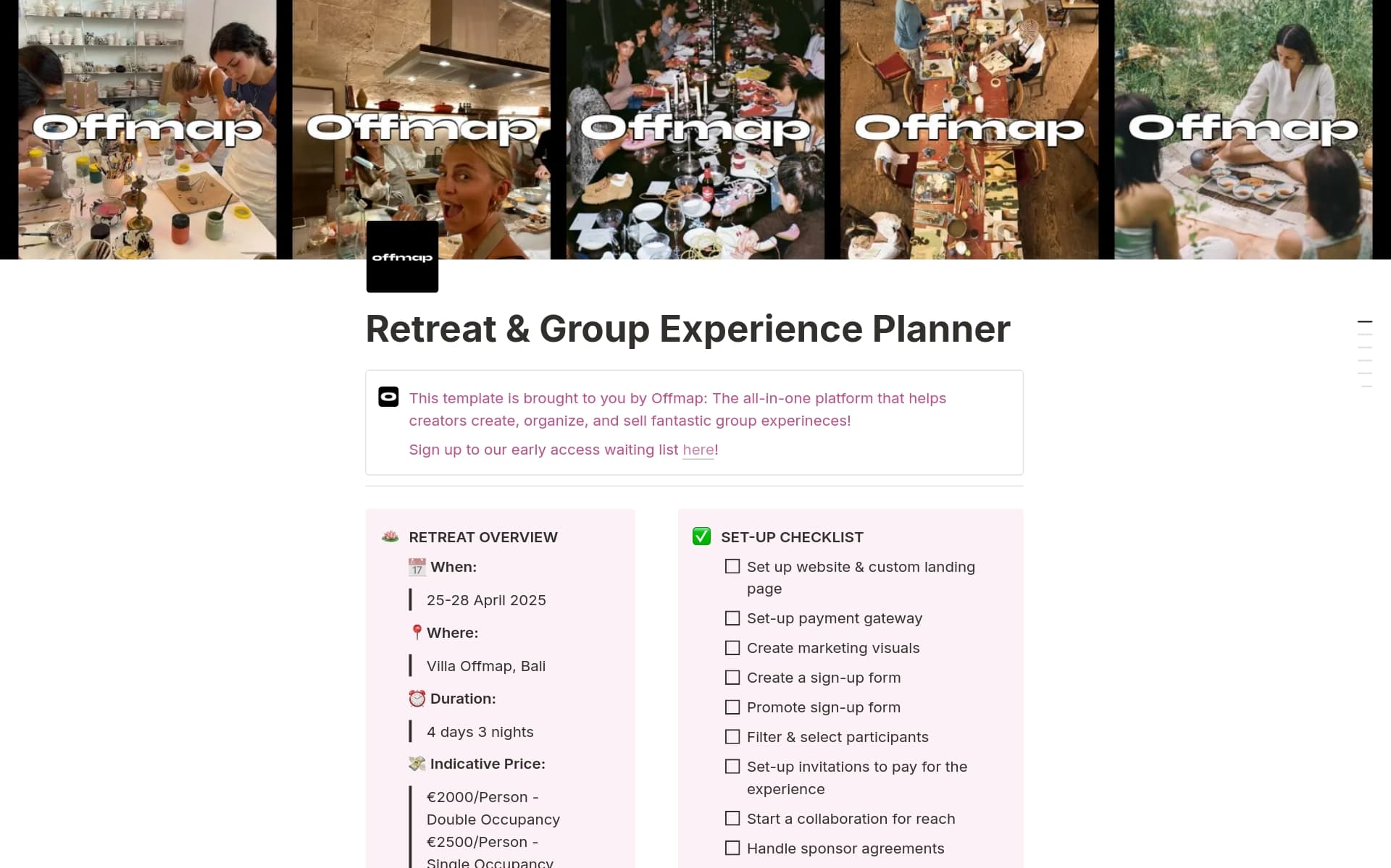 A template preview for Retreat & Group Experience Planner by Offmap