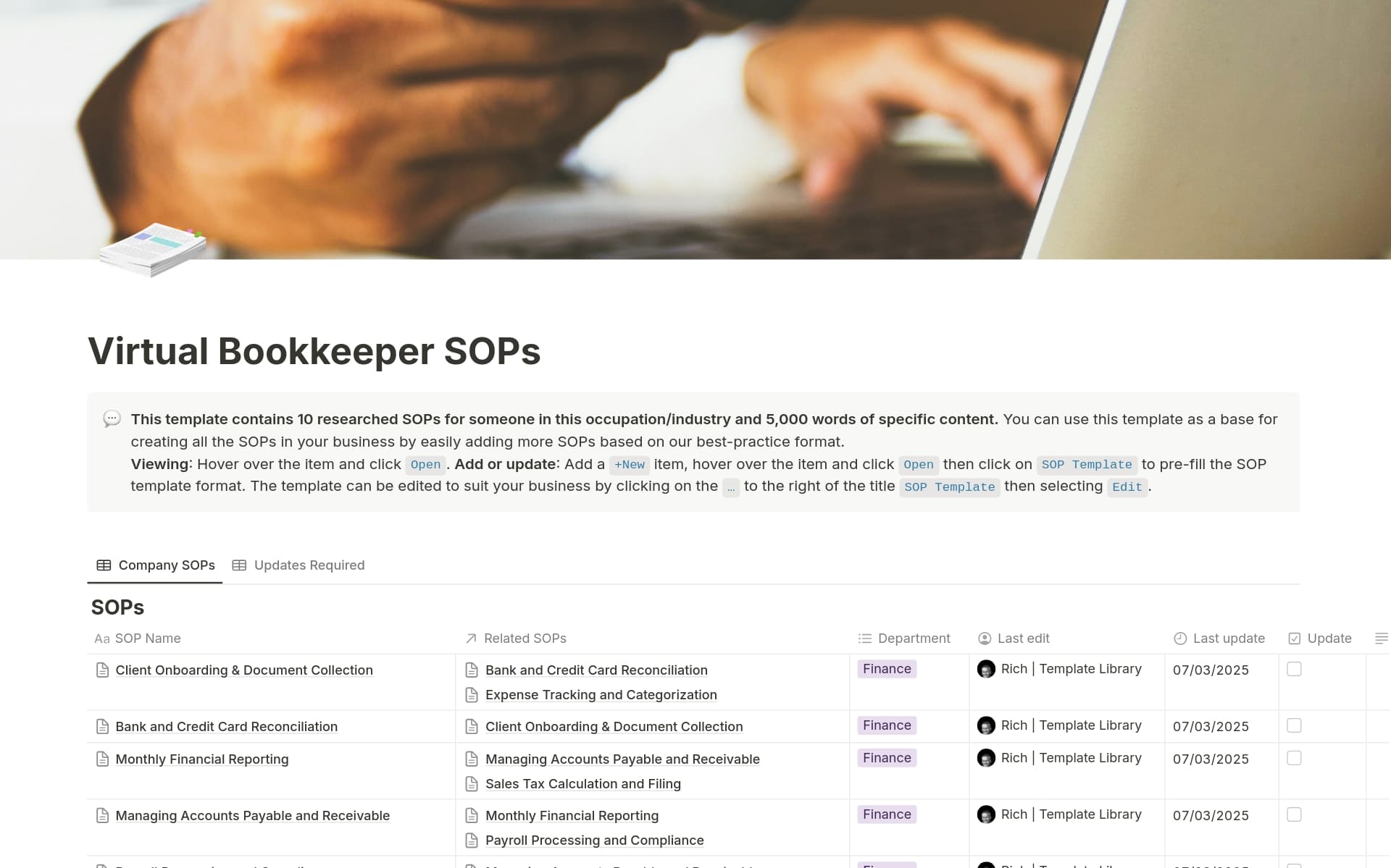 A template preview for Virtual Bookkeeper SOPs