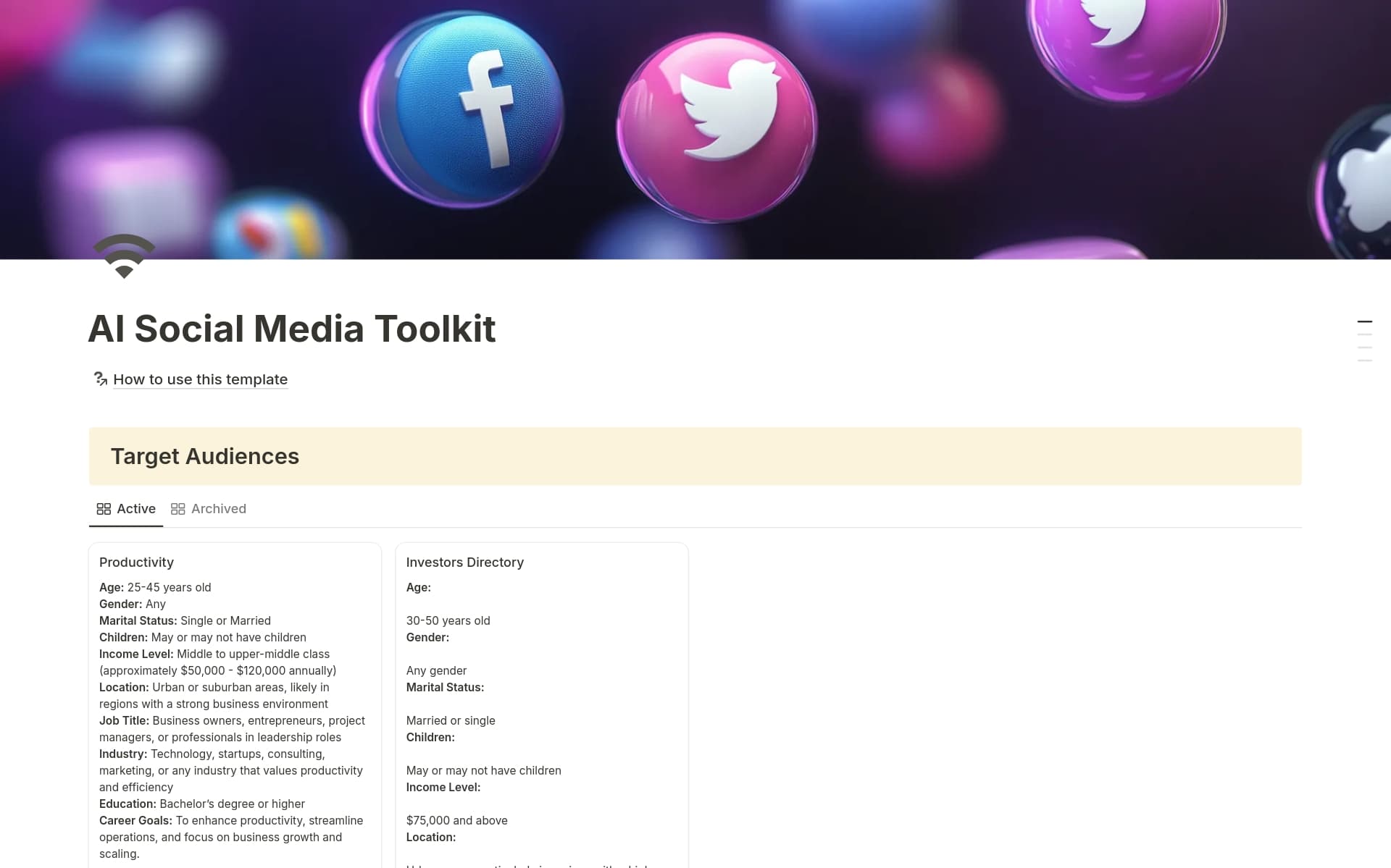 A template preview for AI Social Media Toolkit