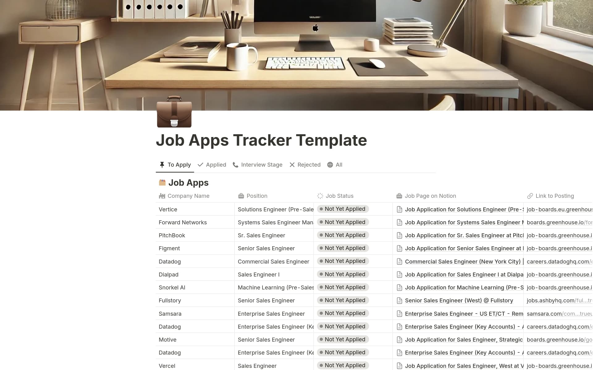 A template preview for Job Apps Tracker