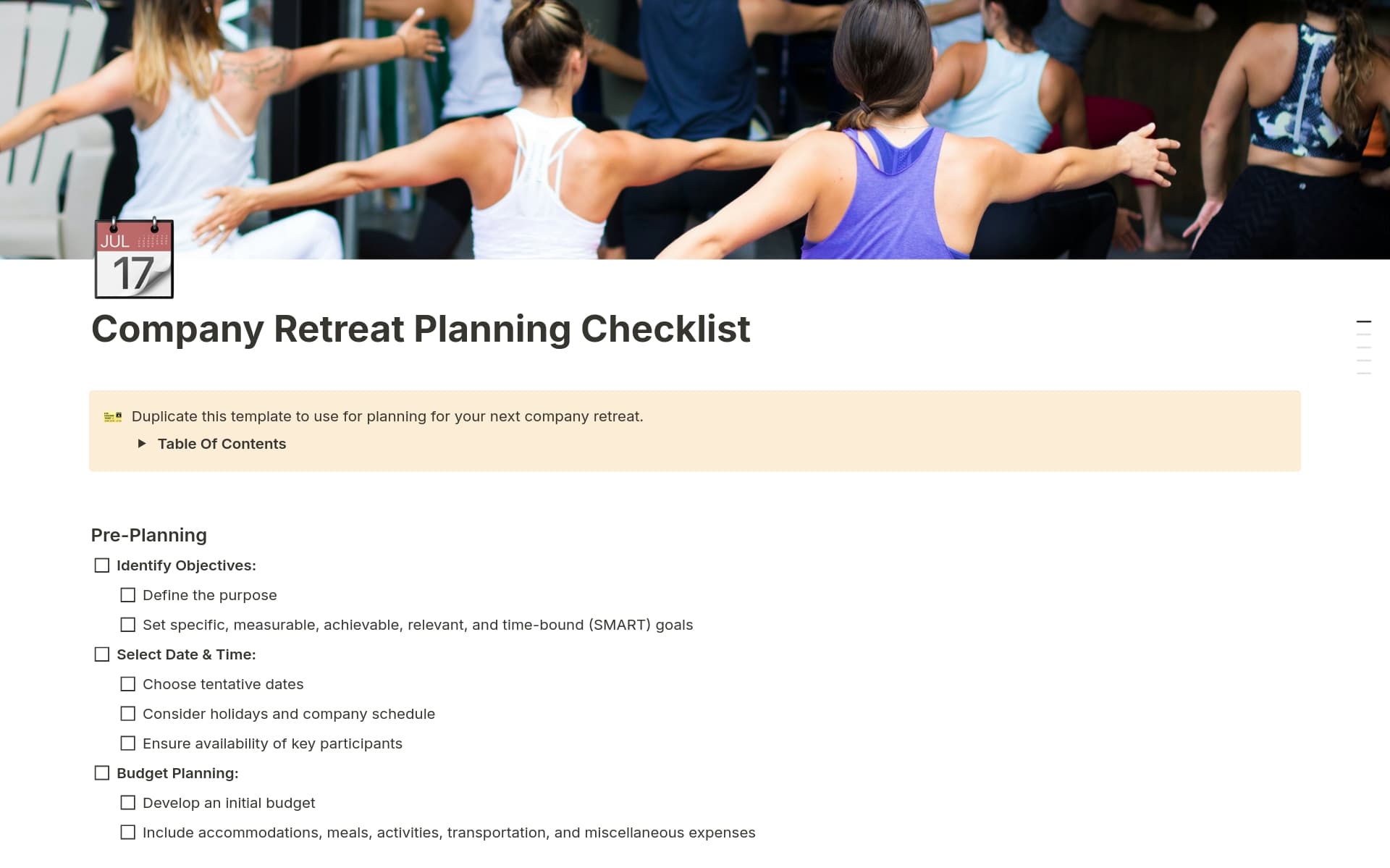 Organize a seamless company retreat with this comprehensive Company Retreat Planning Checklist Template. It covers every step, from goal setting and budgeting to activity planning and feedback collection, ensuring a productive and enjoyable experience for all participants.
