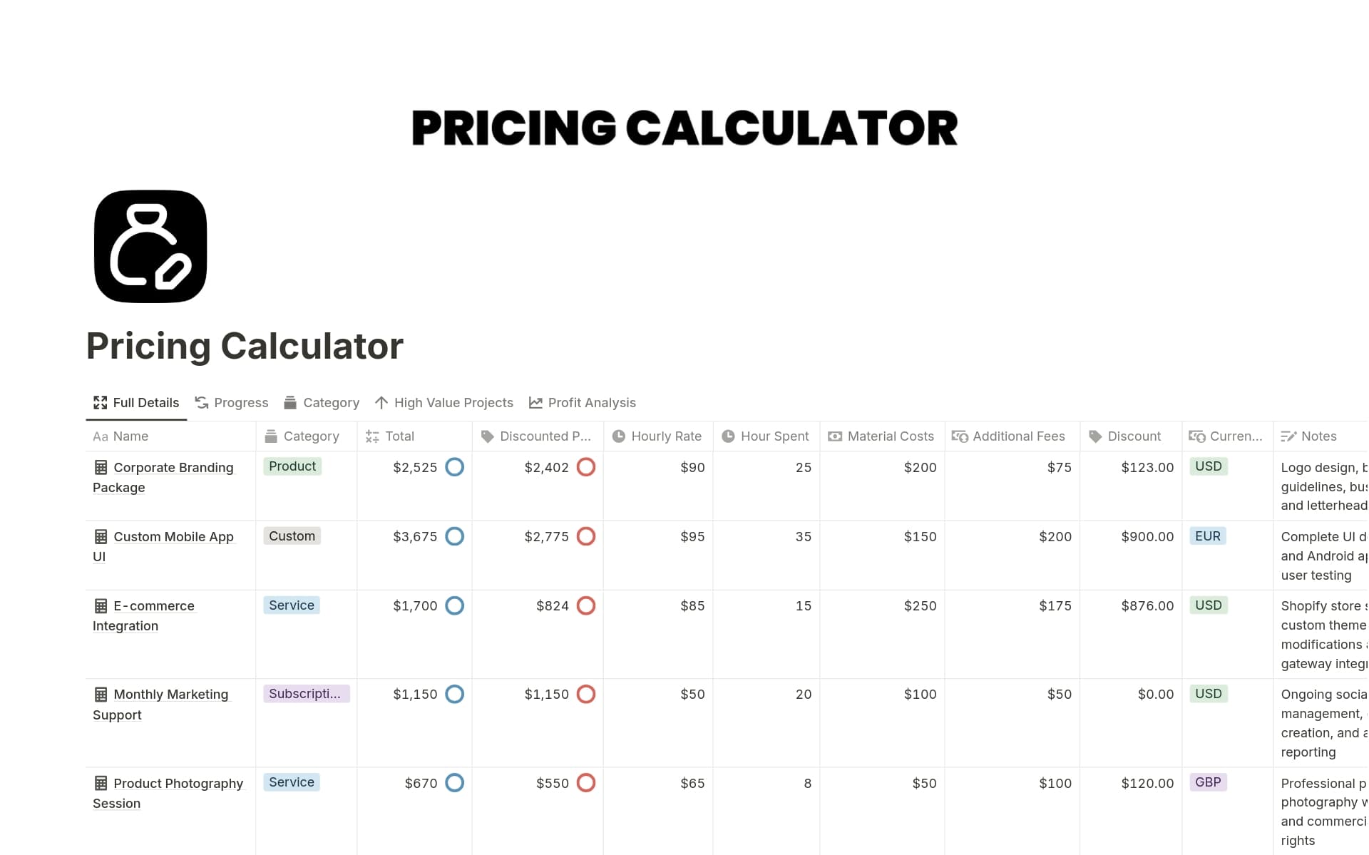 A template preview for Pricing Calculator