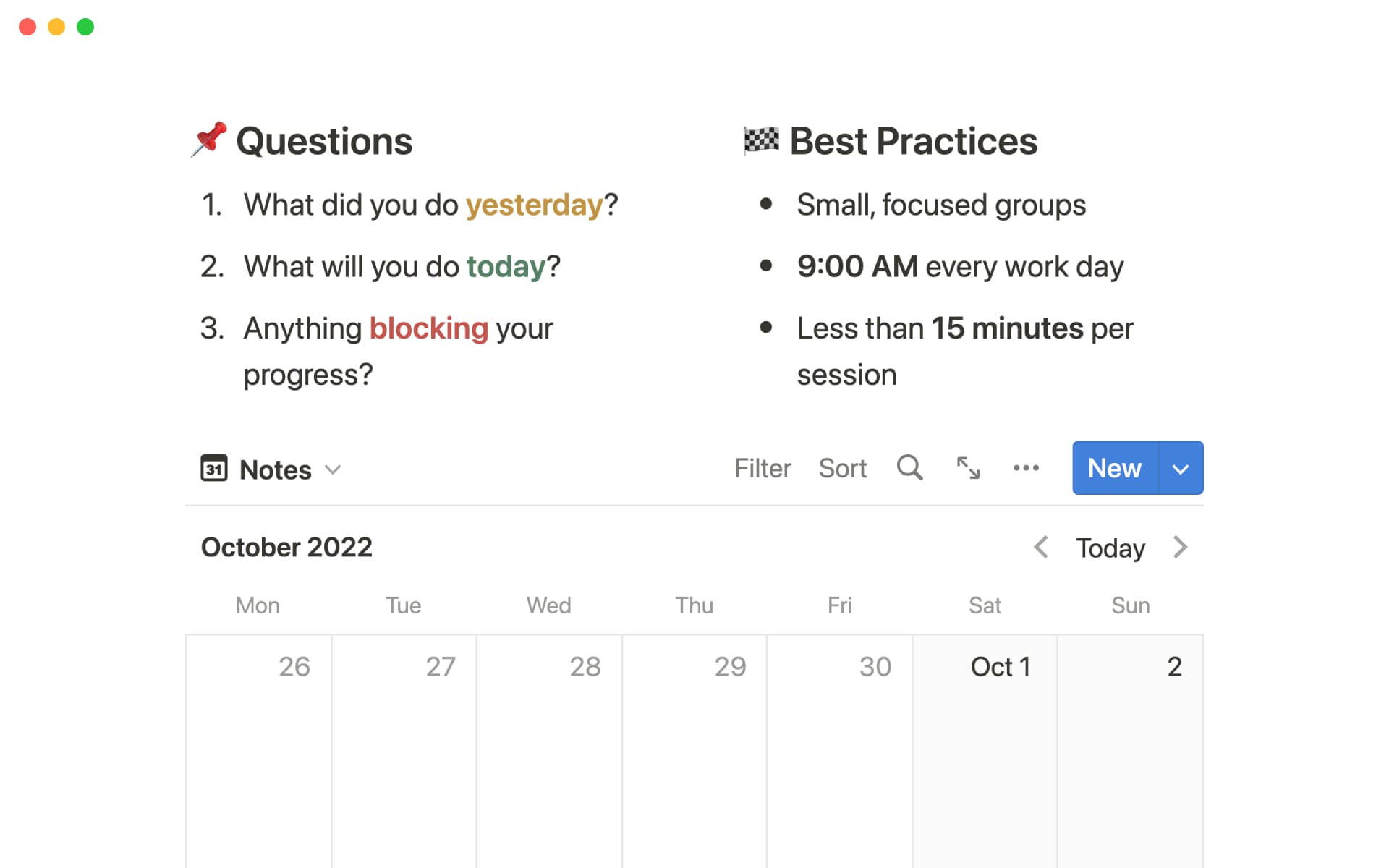 A template preview for Daily standup dashboard