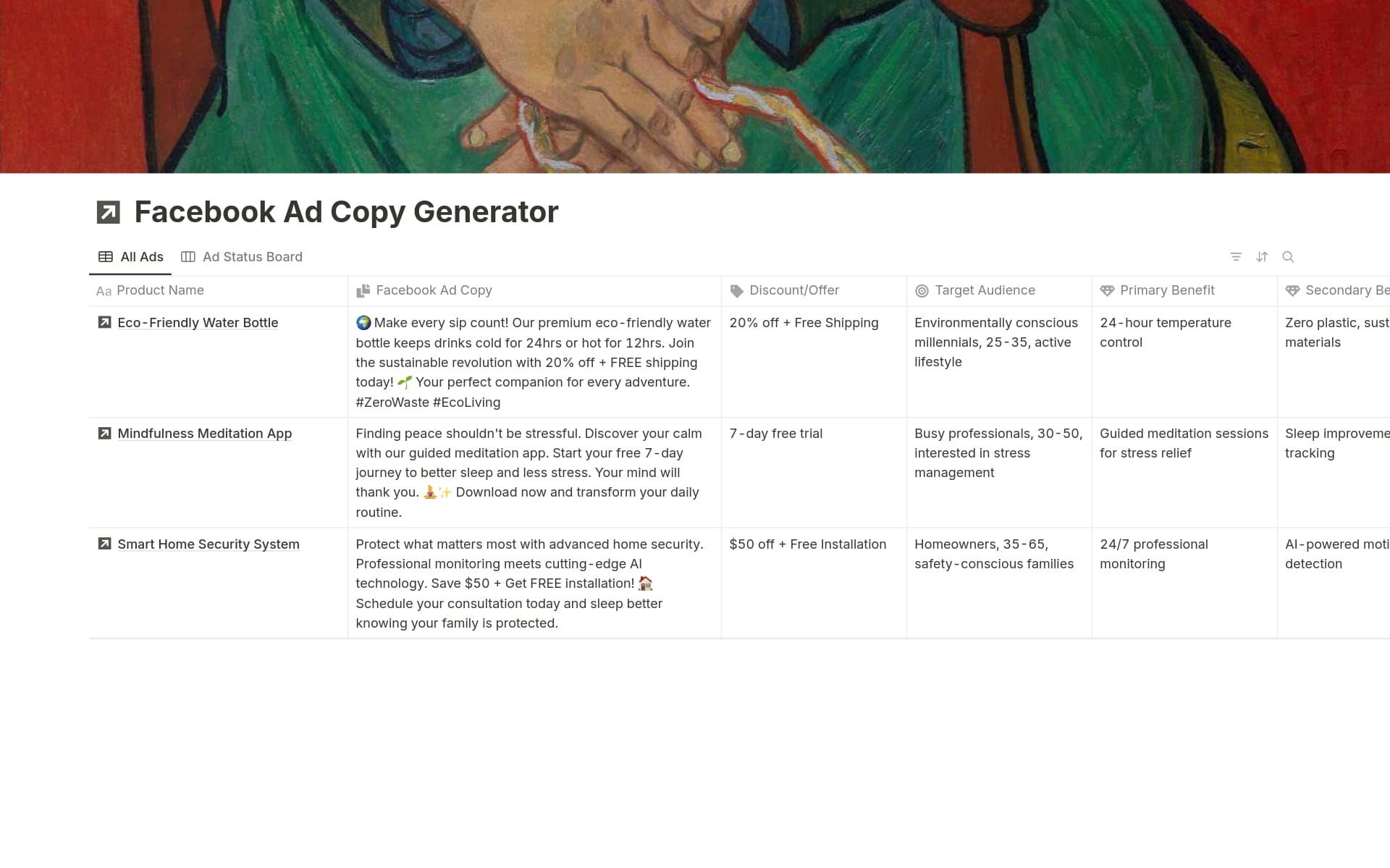 A template preview for Facebook Ad Copy Generator for E-commerce