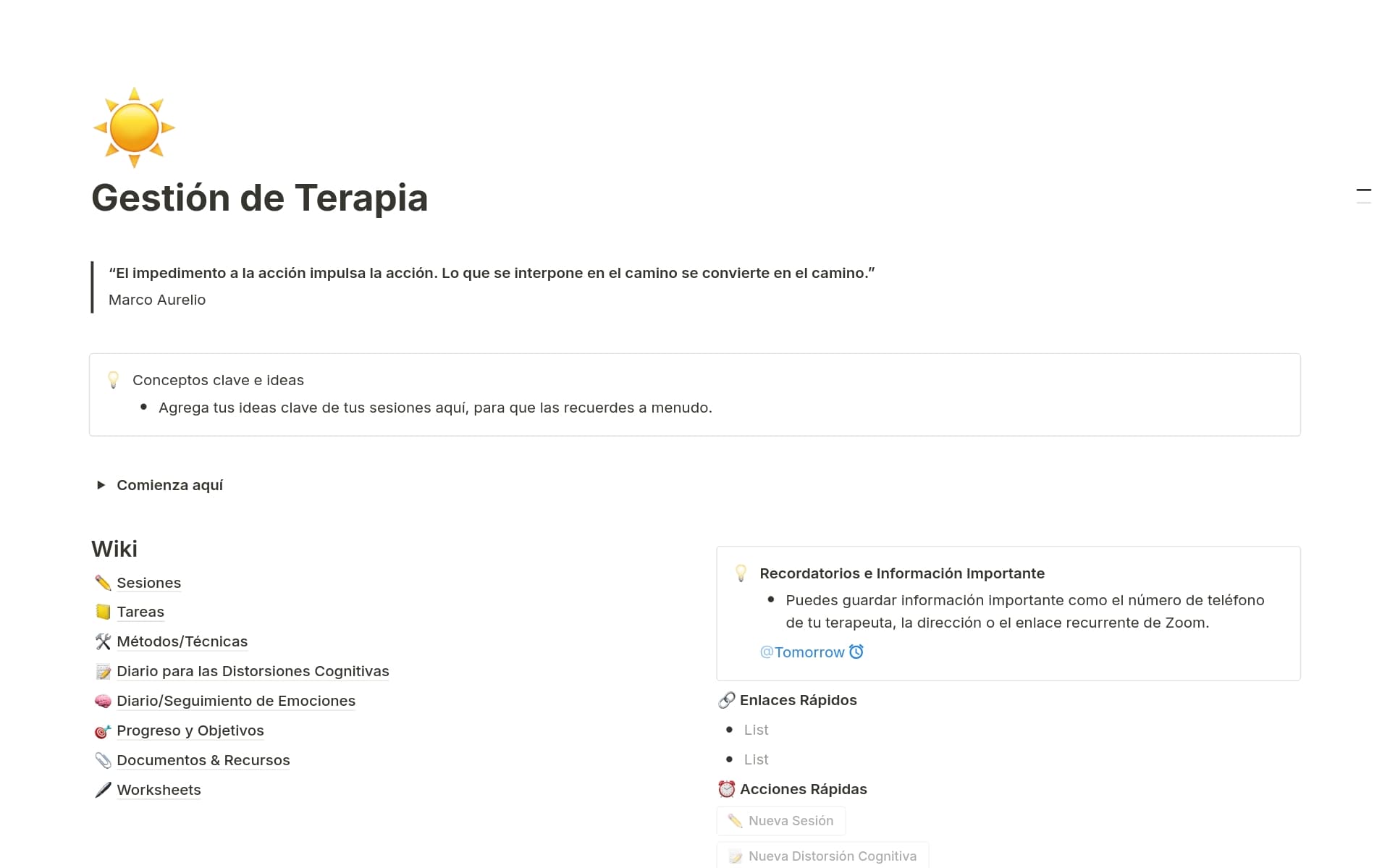 A template preview for Gestión de Terapia