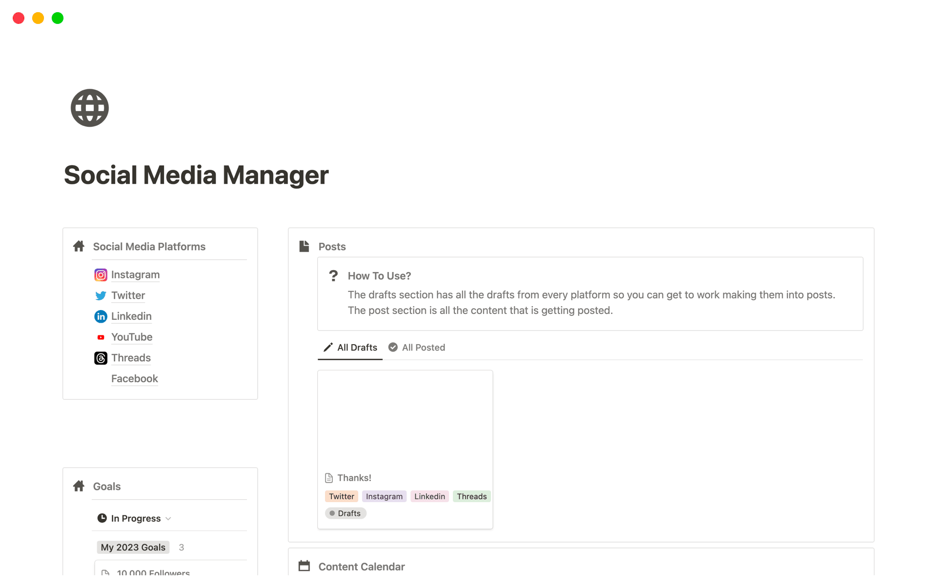 A template preview for Social Media Manager
