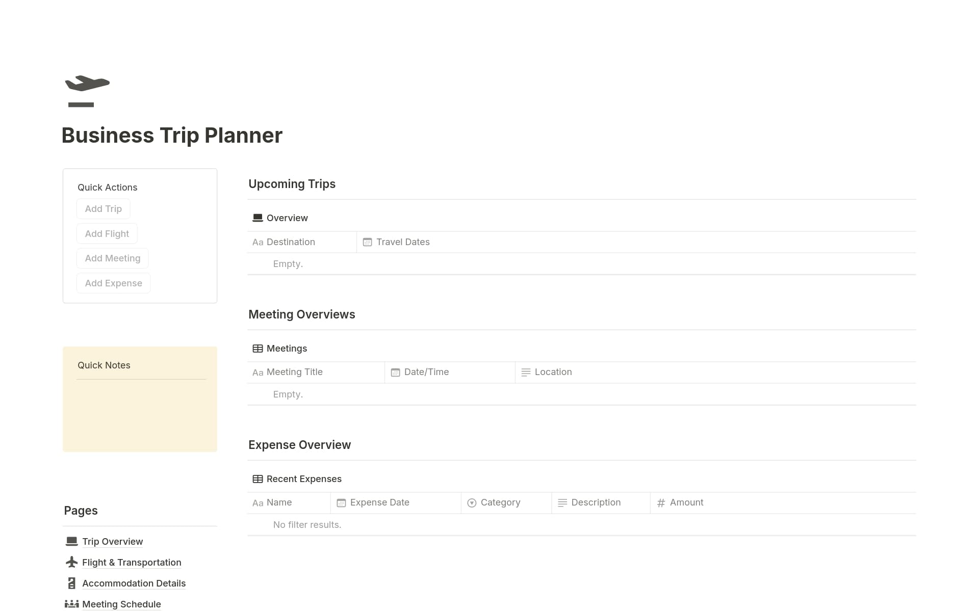 Keep all your travel details in one streamlined template, so you can focus on business—not logistics. This template is your go-to tool for managing work trips with ease, ensuring every aspect of your journey is organized and accessible.