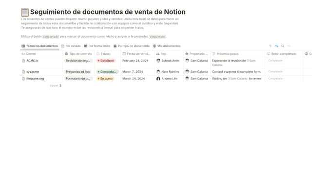 Seguimiento de documentos de venta de Notion