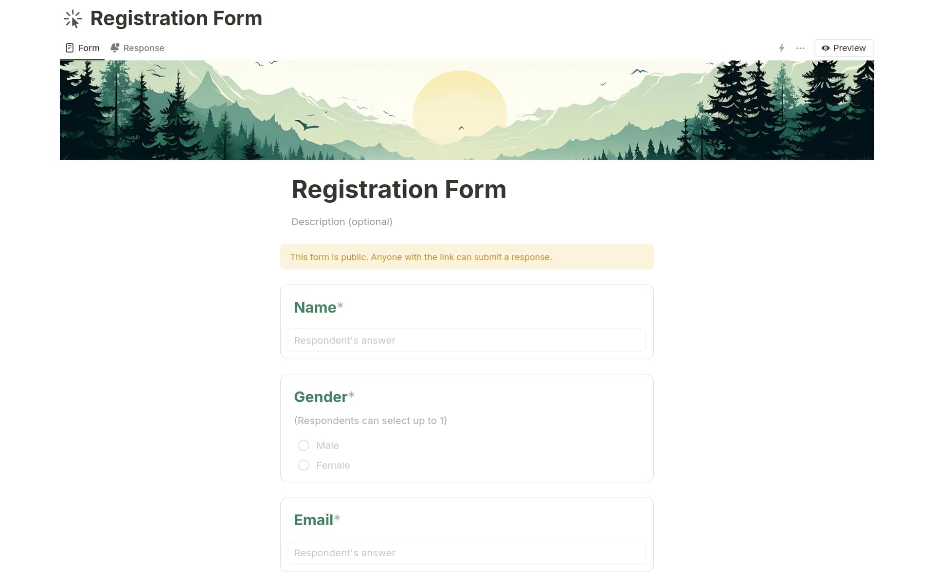 This is a comprehensive registration form designed to collect basic user information, including name, gender, email, and phone number. It serves as an efficient way to gather essential details for event registration, account creation, or user onboarding.