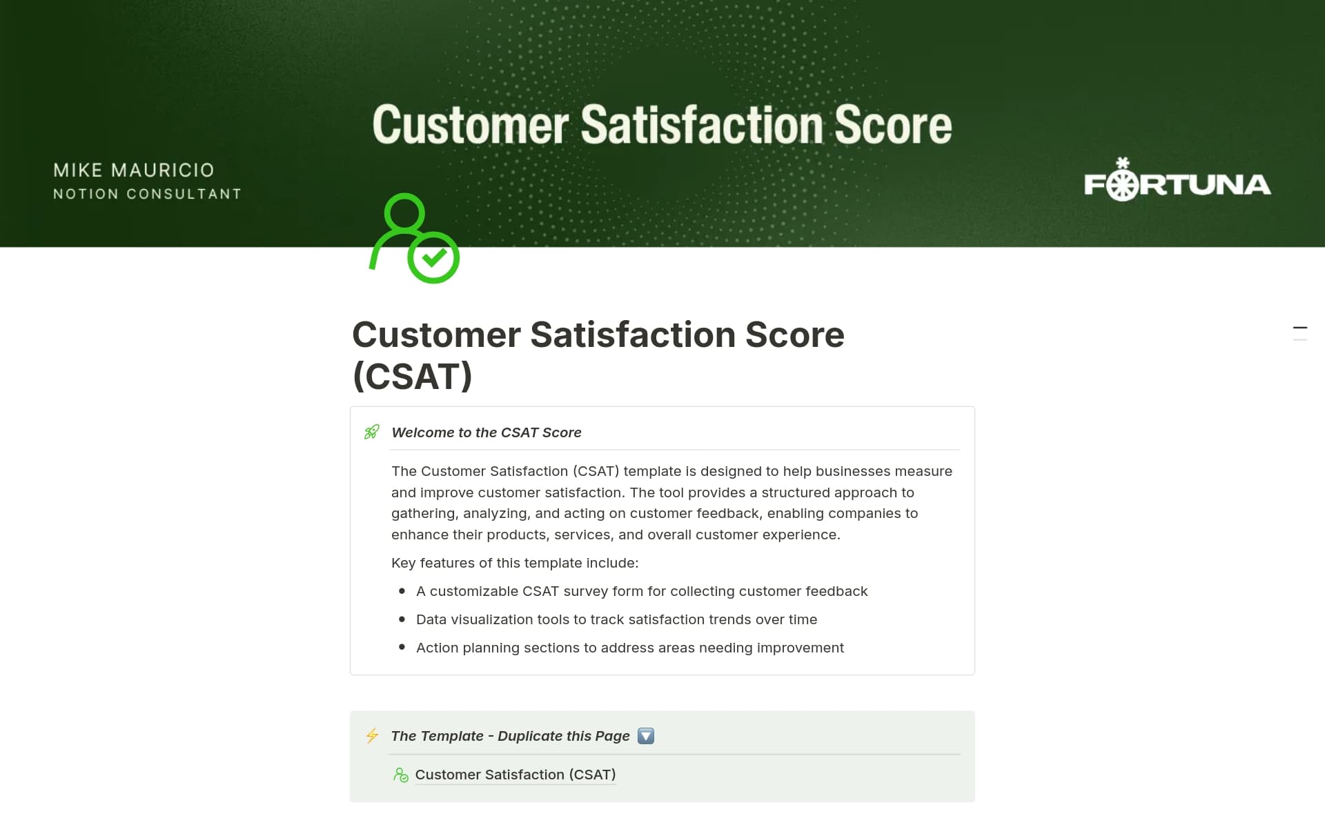 A template preview for Customer Satisfaction Score