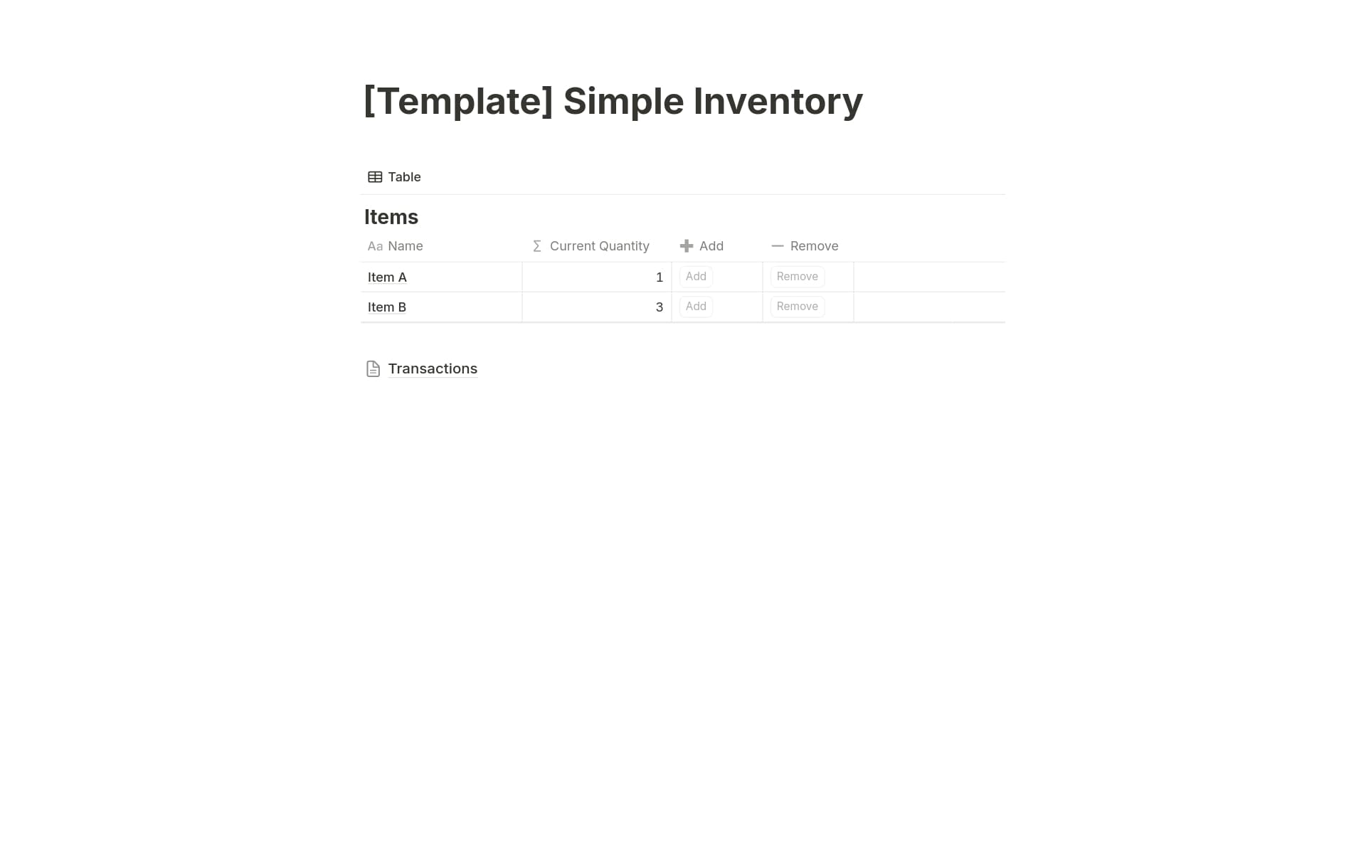 A template preview for Simple Inventory Management