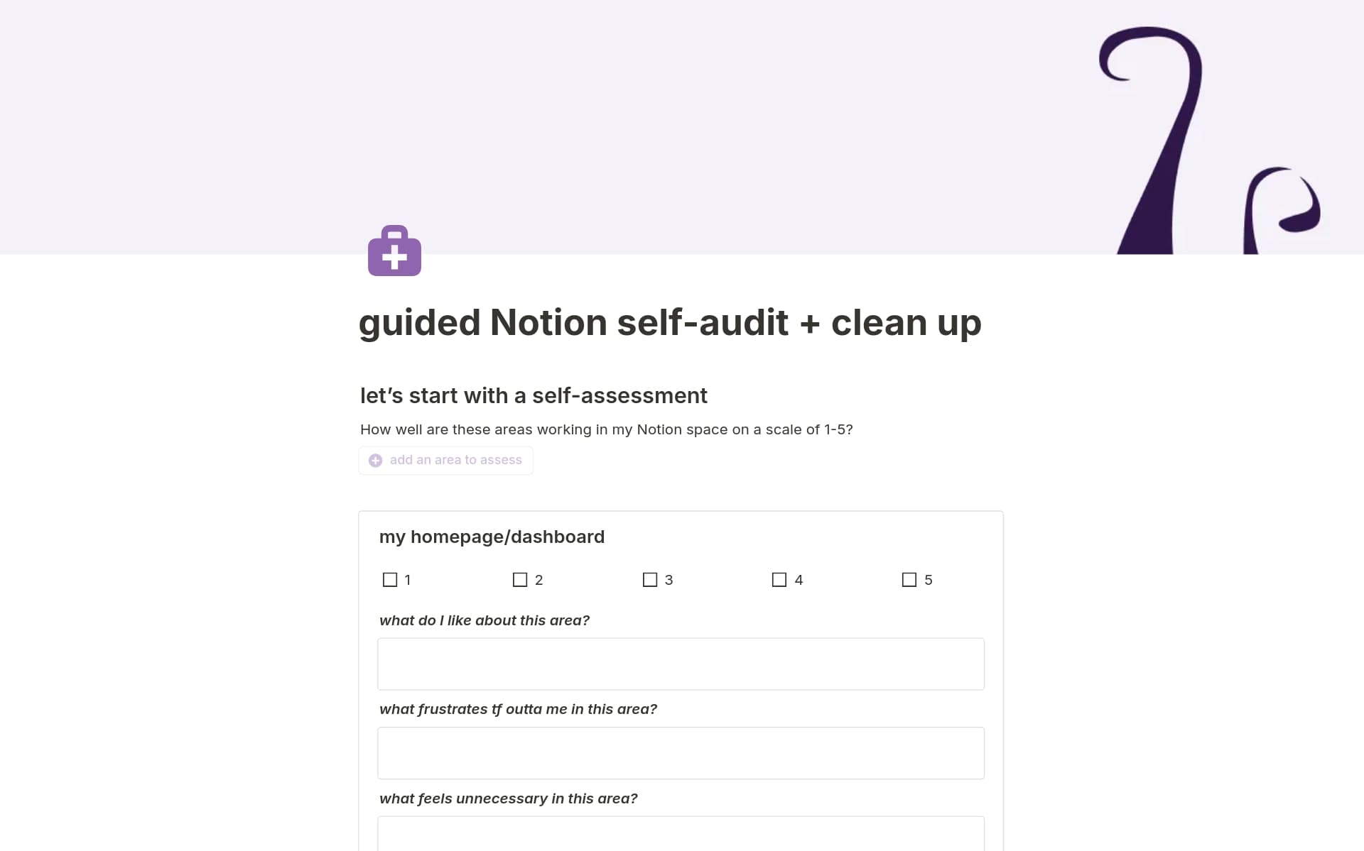 A template preview for guided workspace self-audit + clean up