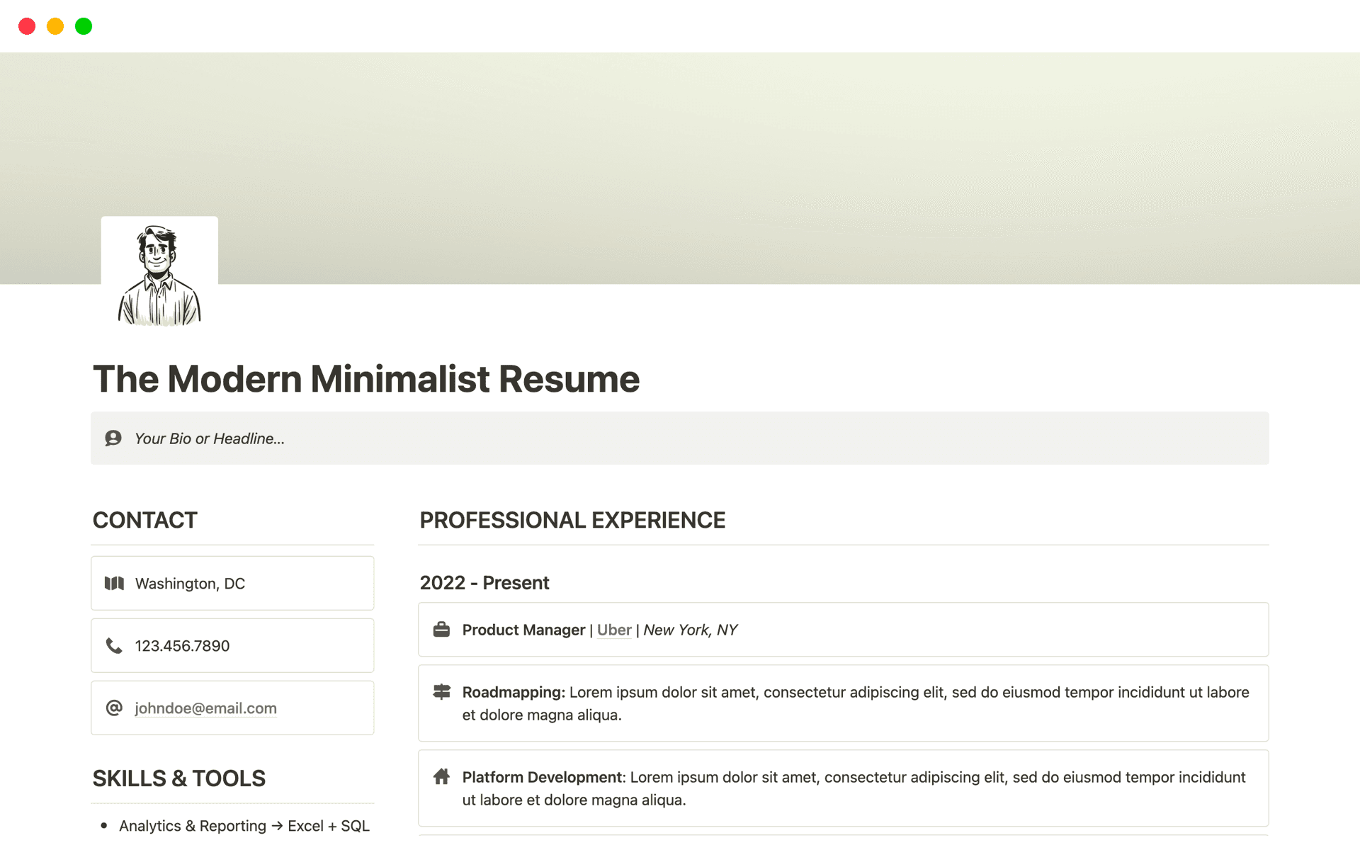 A template preview for The Modern Minimalist Resume