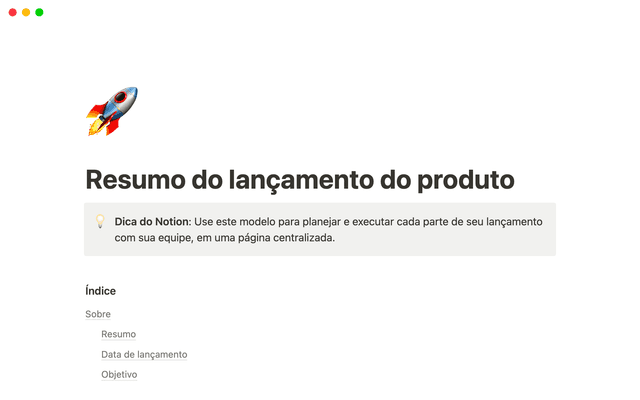 Resumo de lançamento do produto