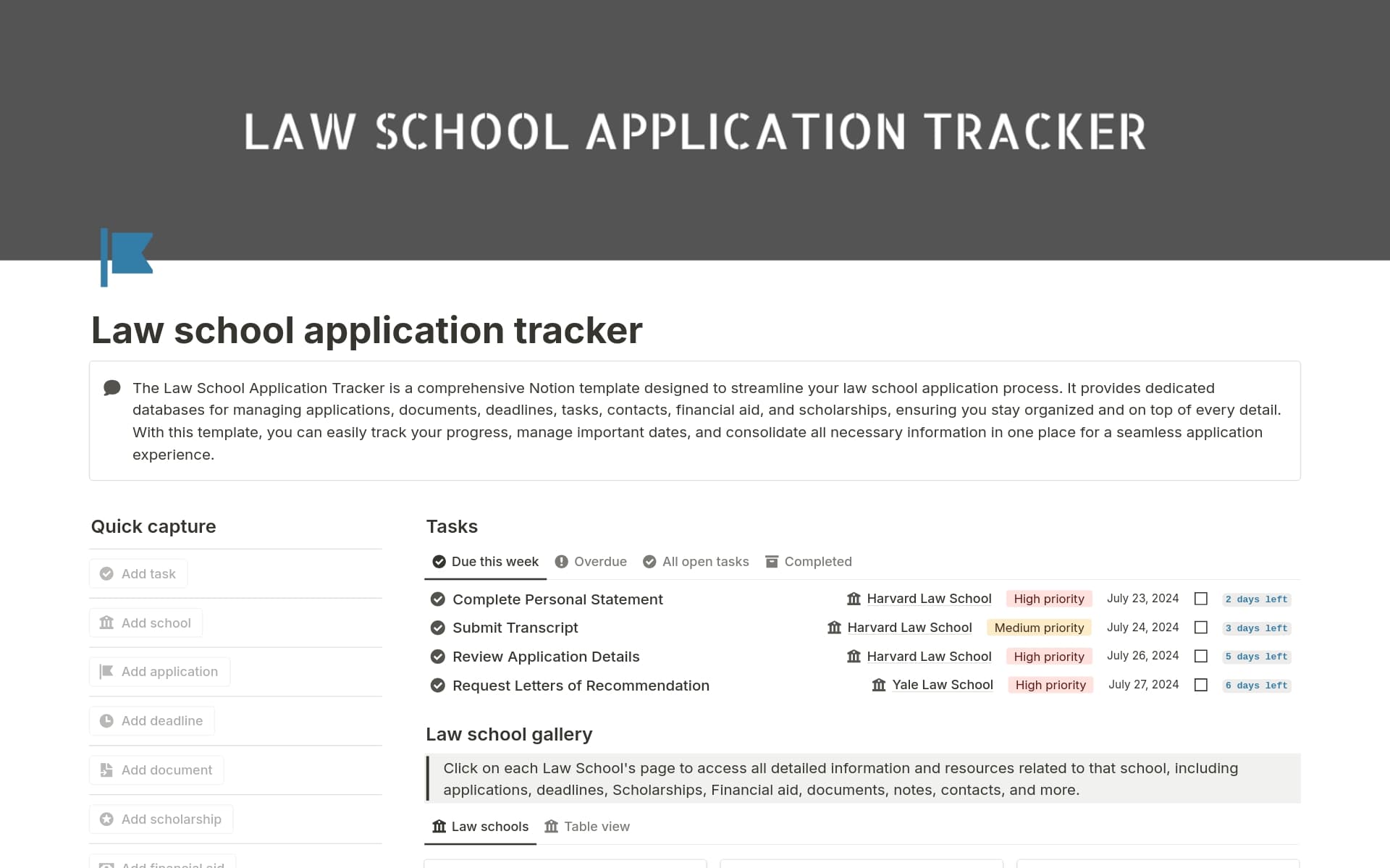 Law school application tracker Template by Excel Studios | Notion