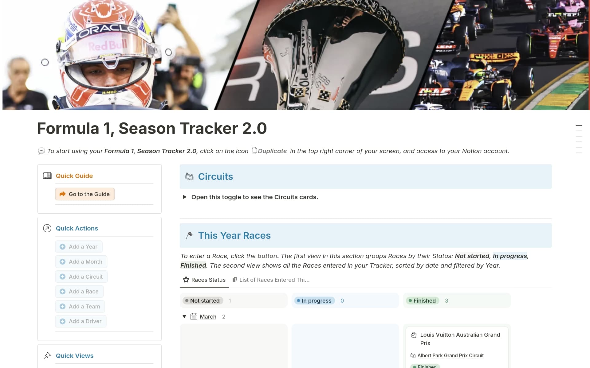 A template preview for Formula 1, Season Tracker 2.0