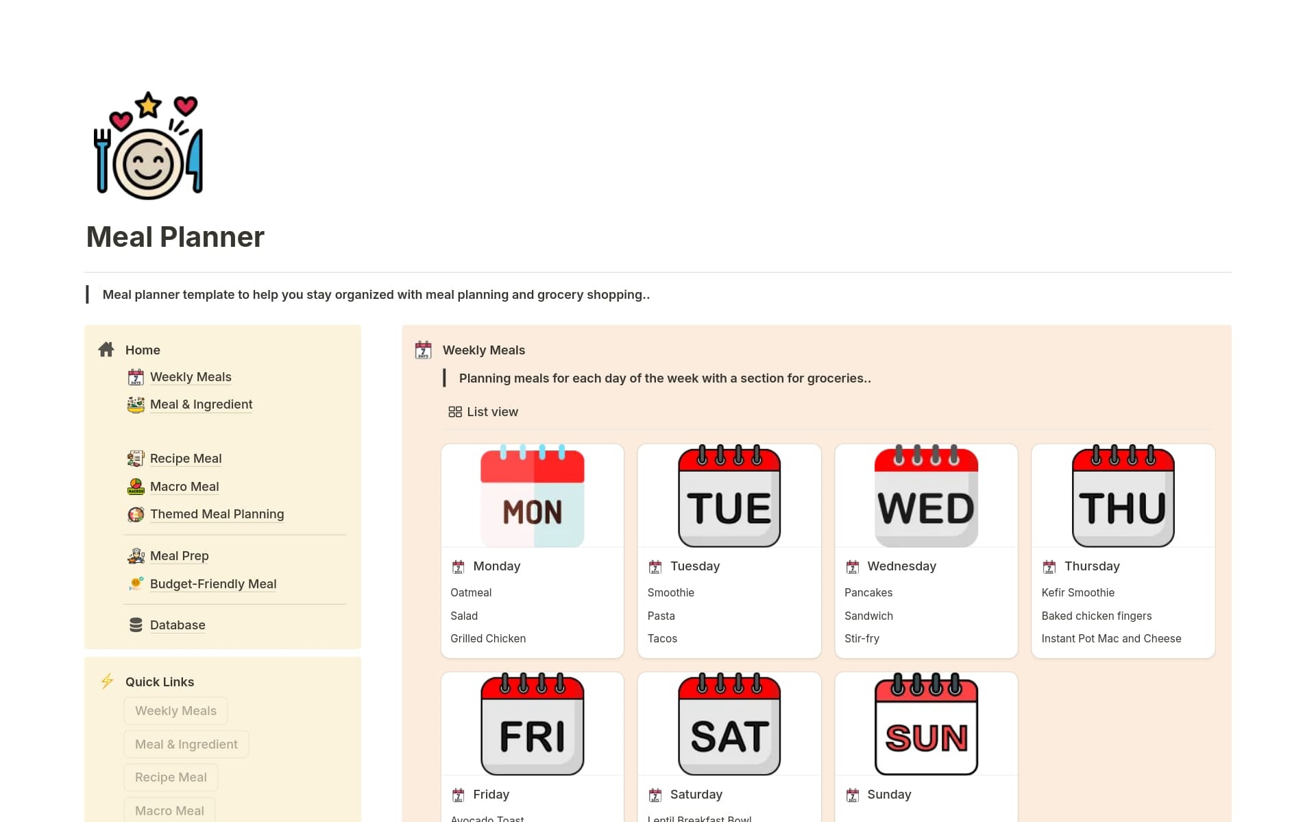 A template preview for Meal Planner