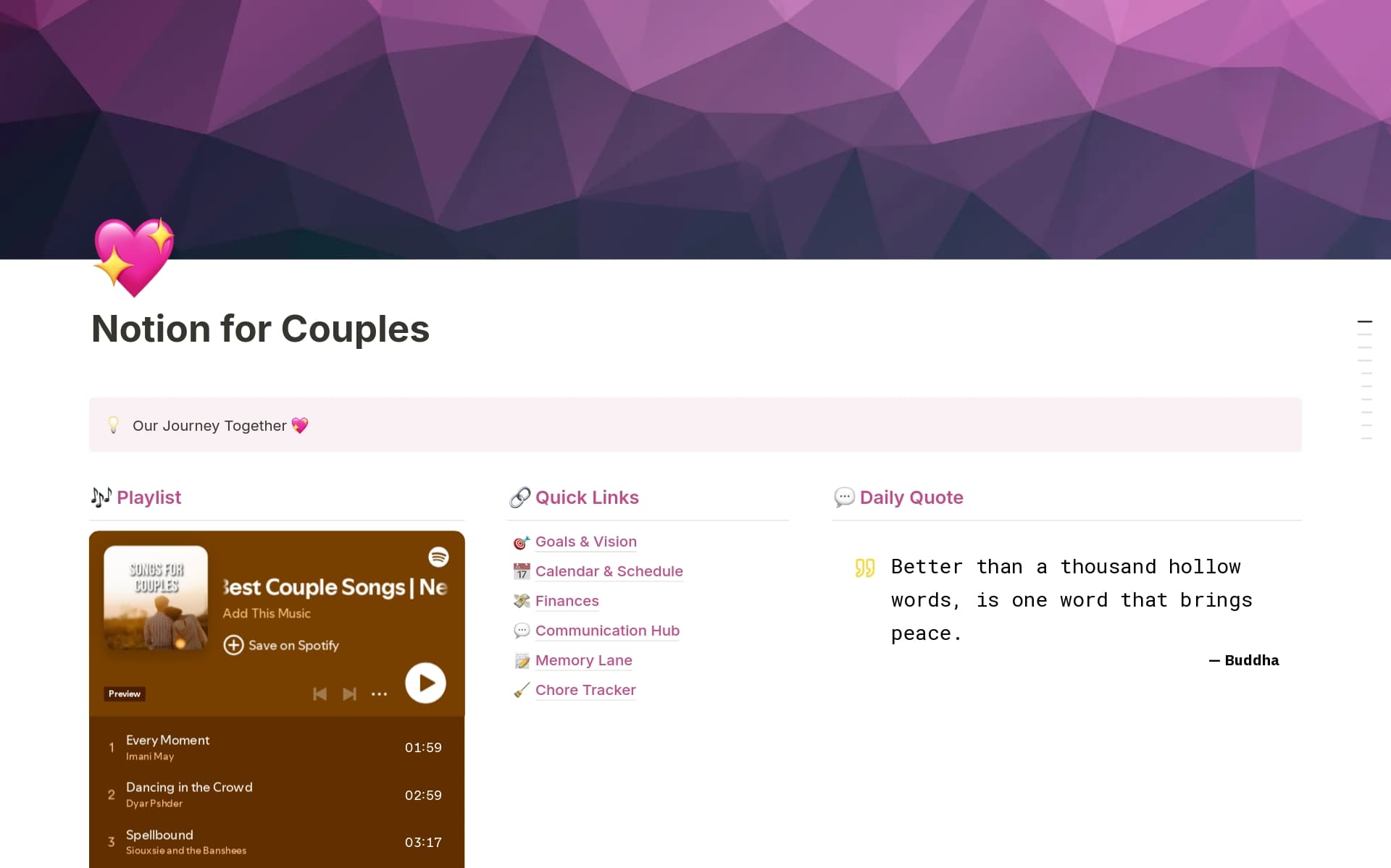 A template preview for Notion for Couples