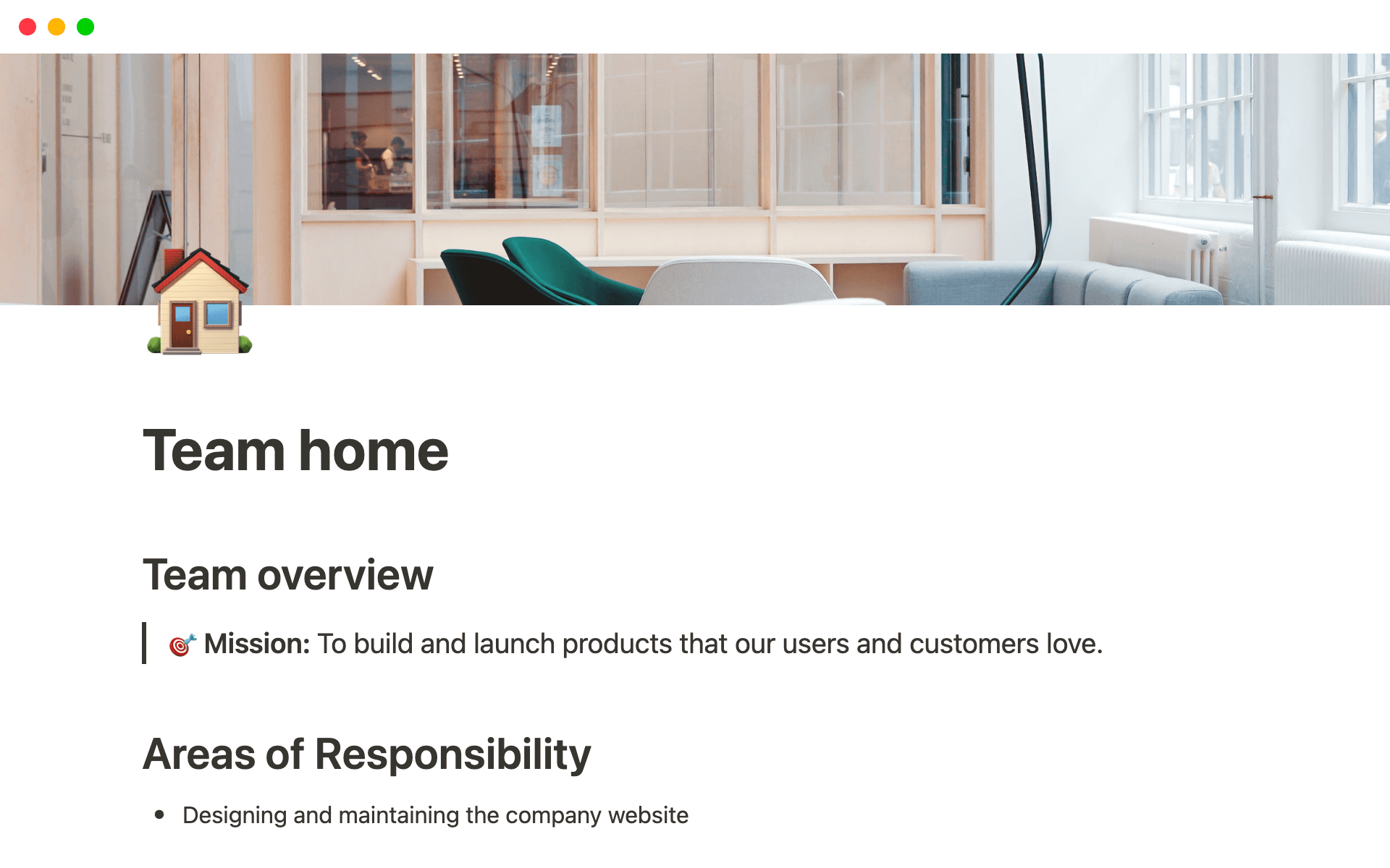 A template preview for Team home