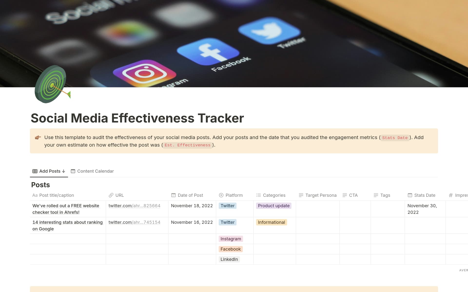 A template preview for Social Media Effectiveness Tracker