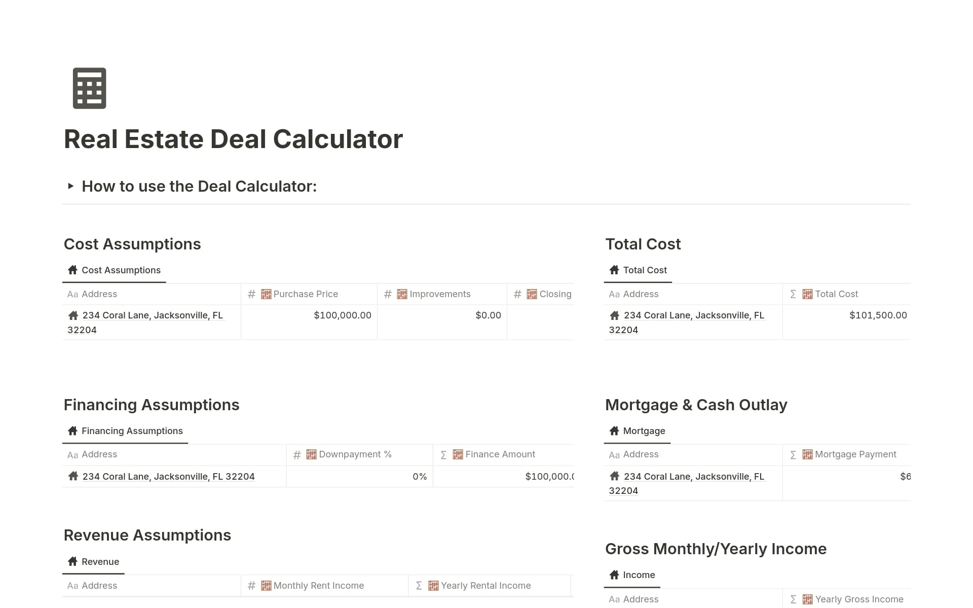A template preview for Real Estate Deal Calculator