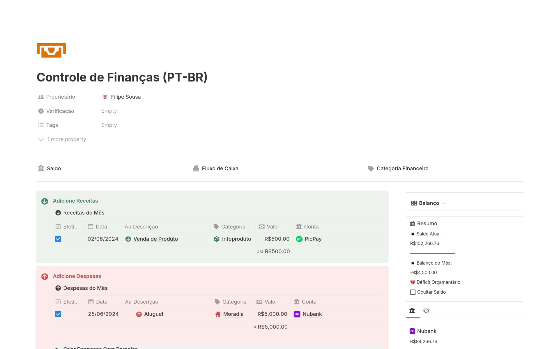 Uma prévia do modelo para Controle de Finanças (PT-BR)