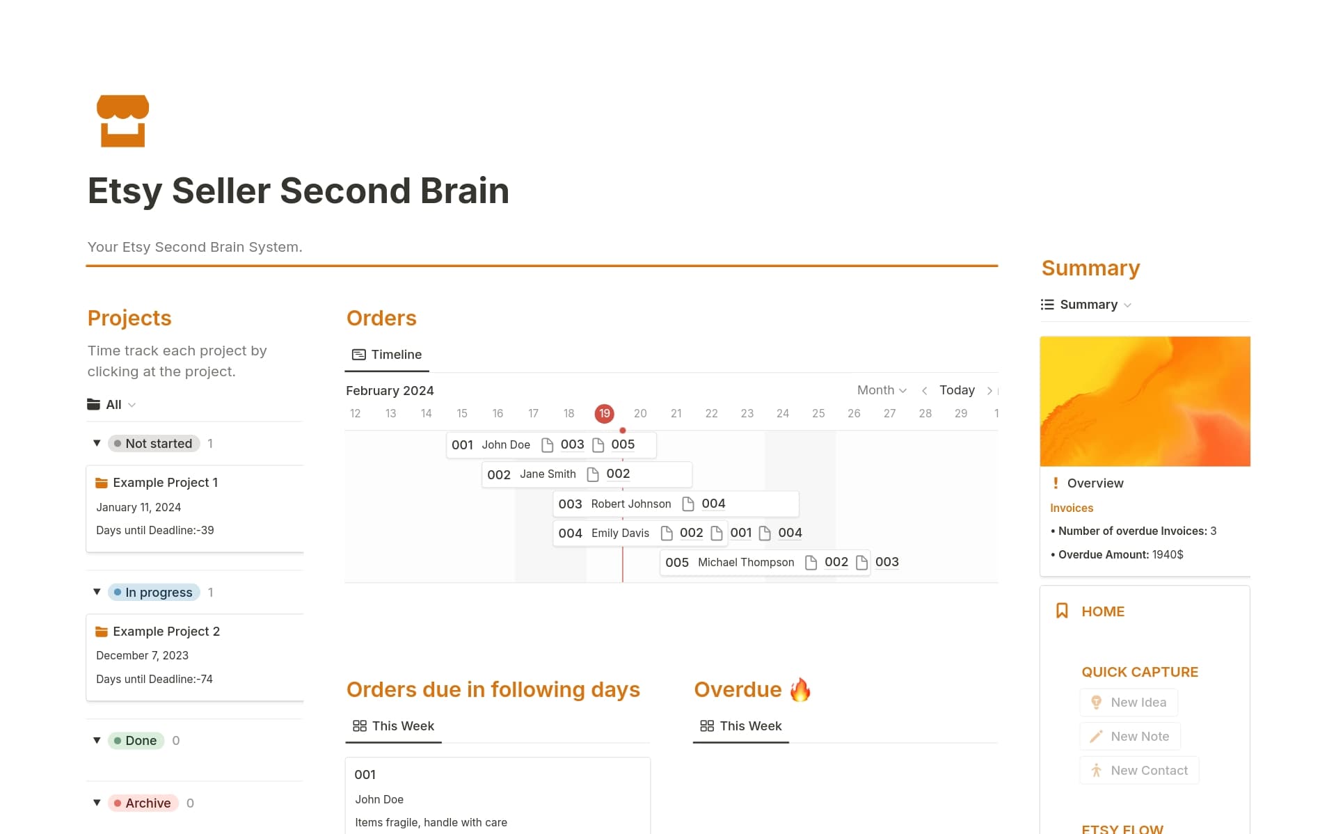 Elevate your Etsy business with the Etsy Seller Second Brain Notion template: manage inventory, checklist for SEO optimization, testimonials, branding, policies, invoices, finances, CRM, milestones, and organizational tasks for enhanced productivity and success.