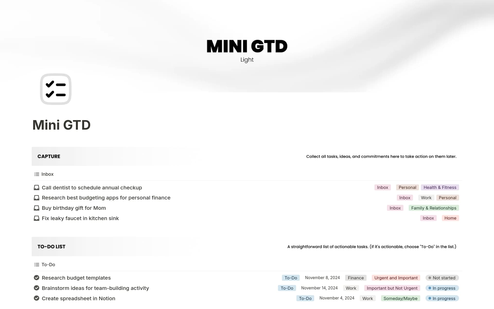 Mini GTD Dashboard template preview