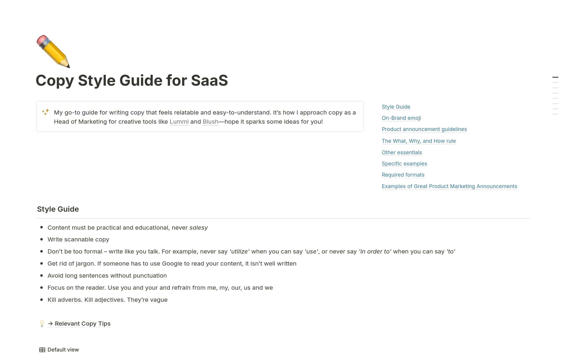 A template preview for Copy Style Guide for SaaS