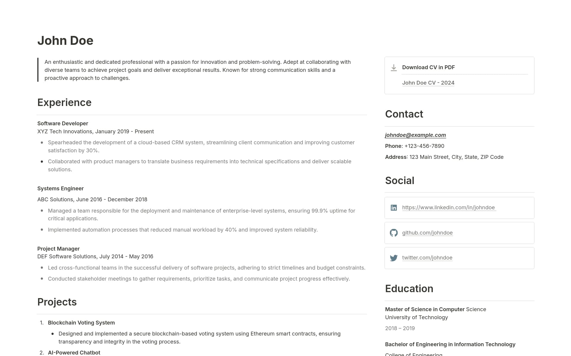 A template preview for Simple CV