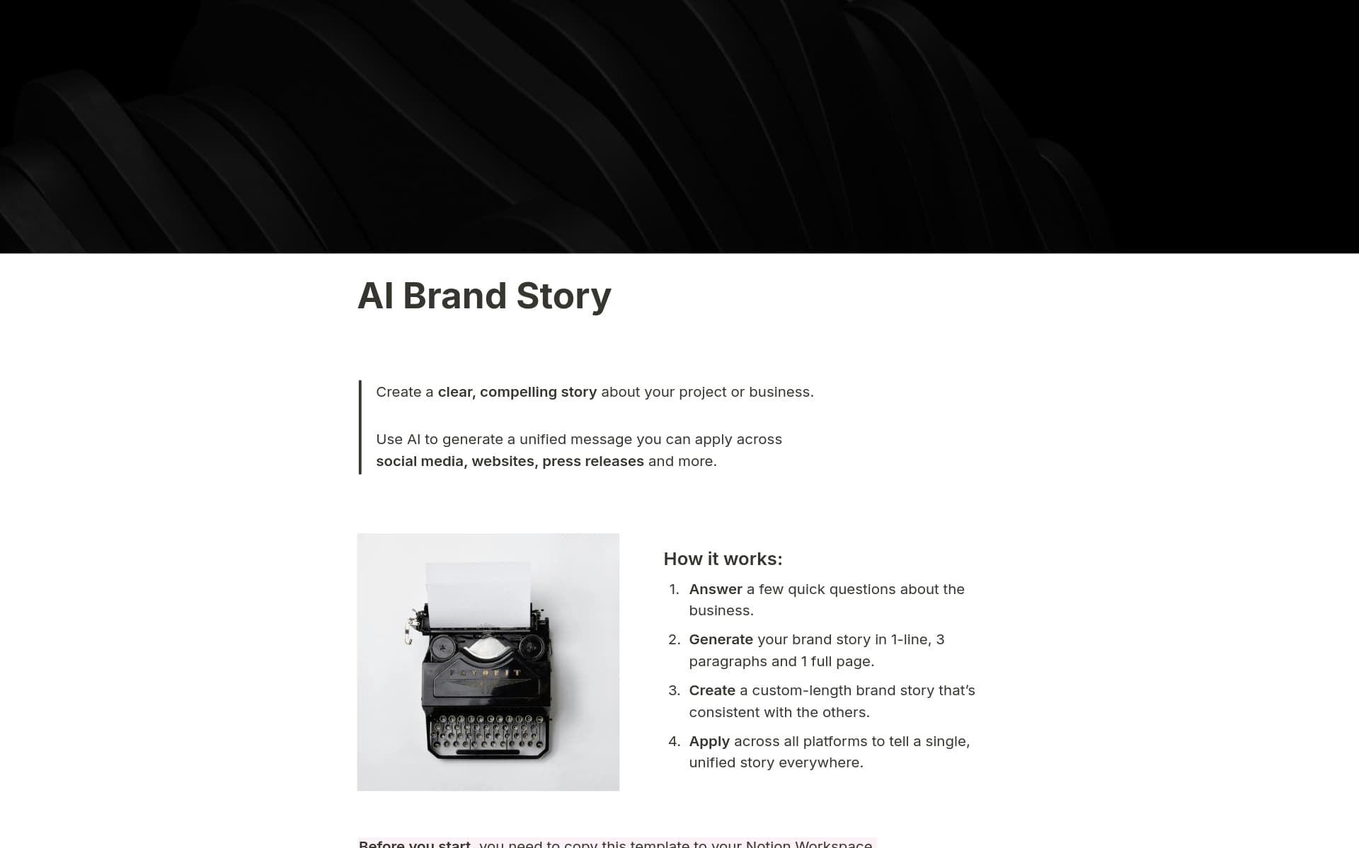 A template preview for AI Brand Story Generator
