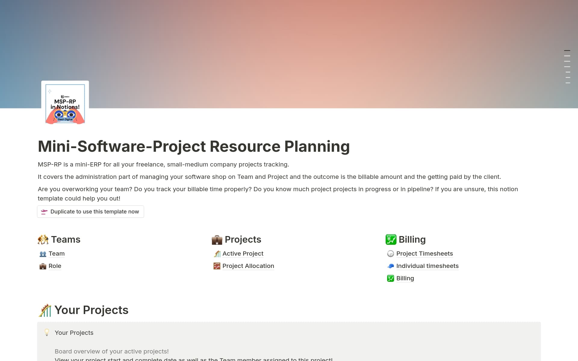 A template preview for Mini-Software-Project Resource Planning