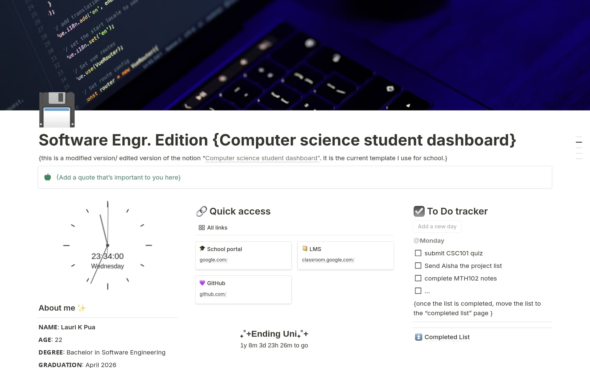 A template preview for Software Engineering Student Dashboard
