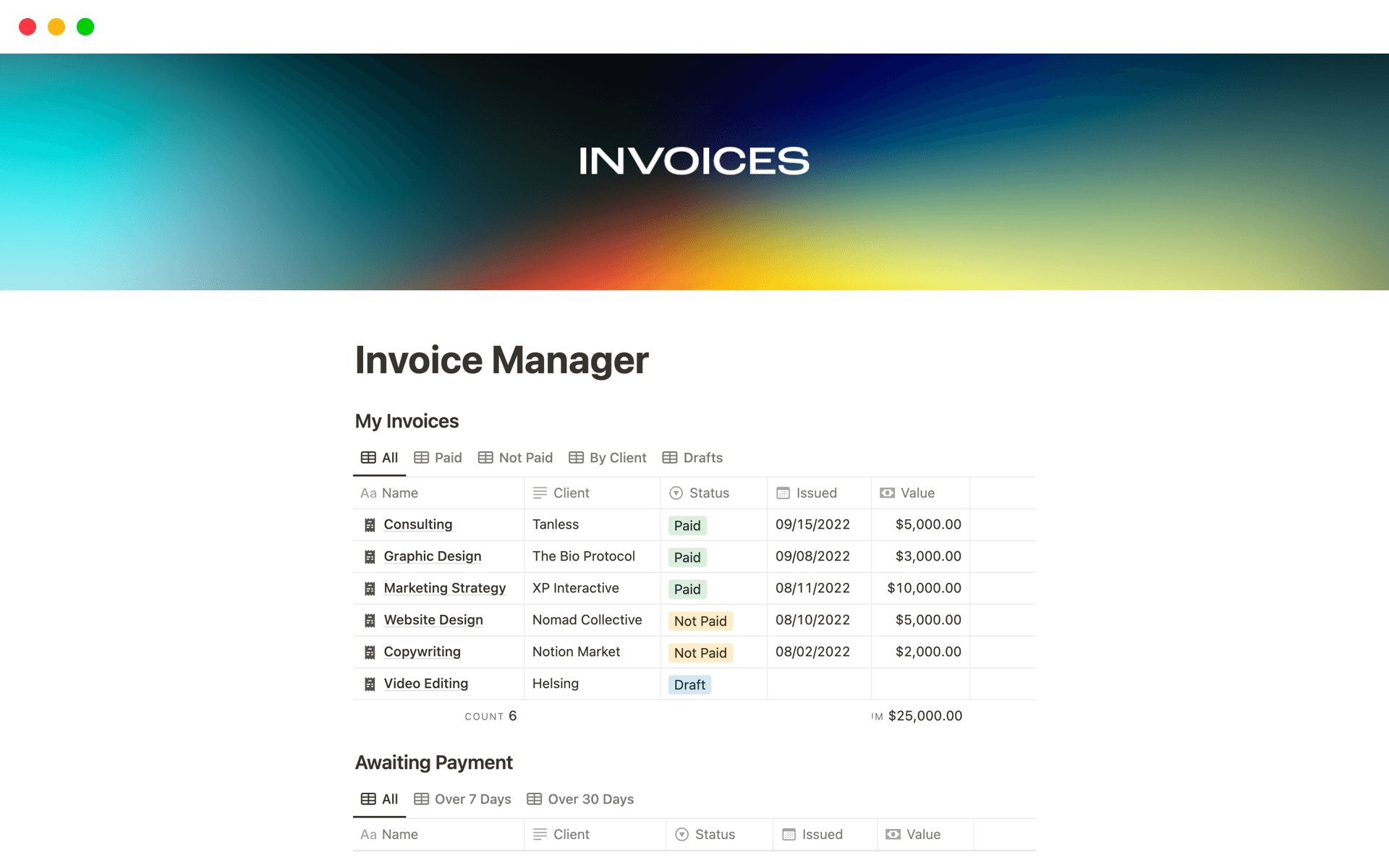 A template preview for Invoice manager