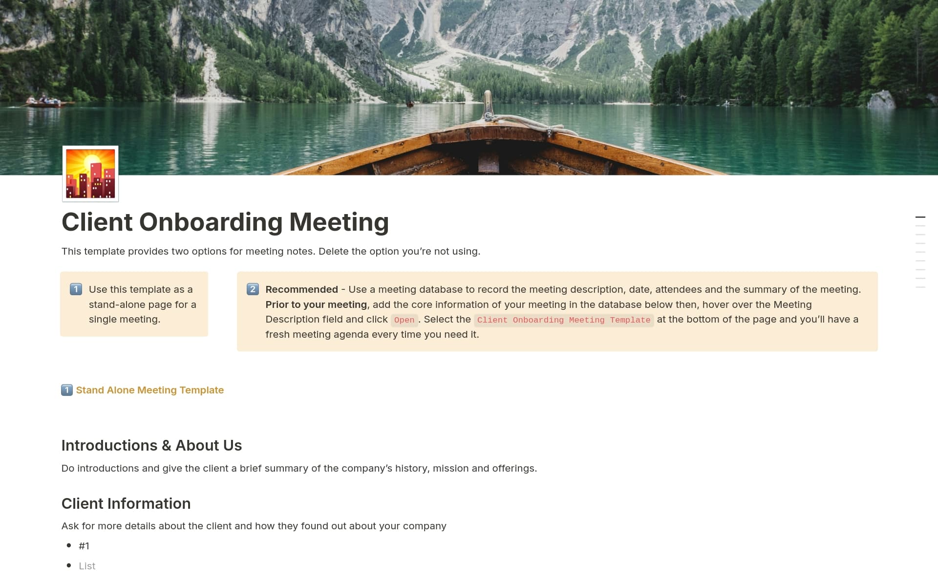 A template preview for Client Onboarding Meeting