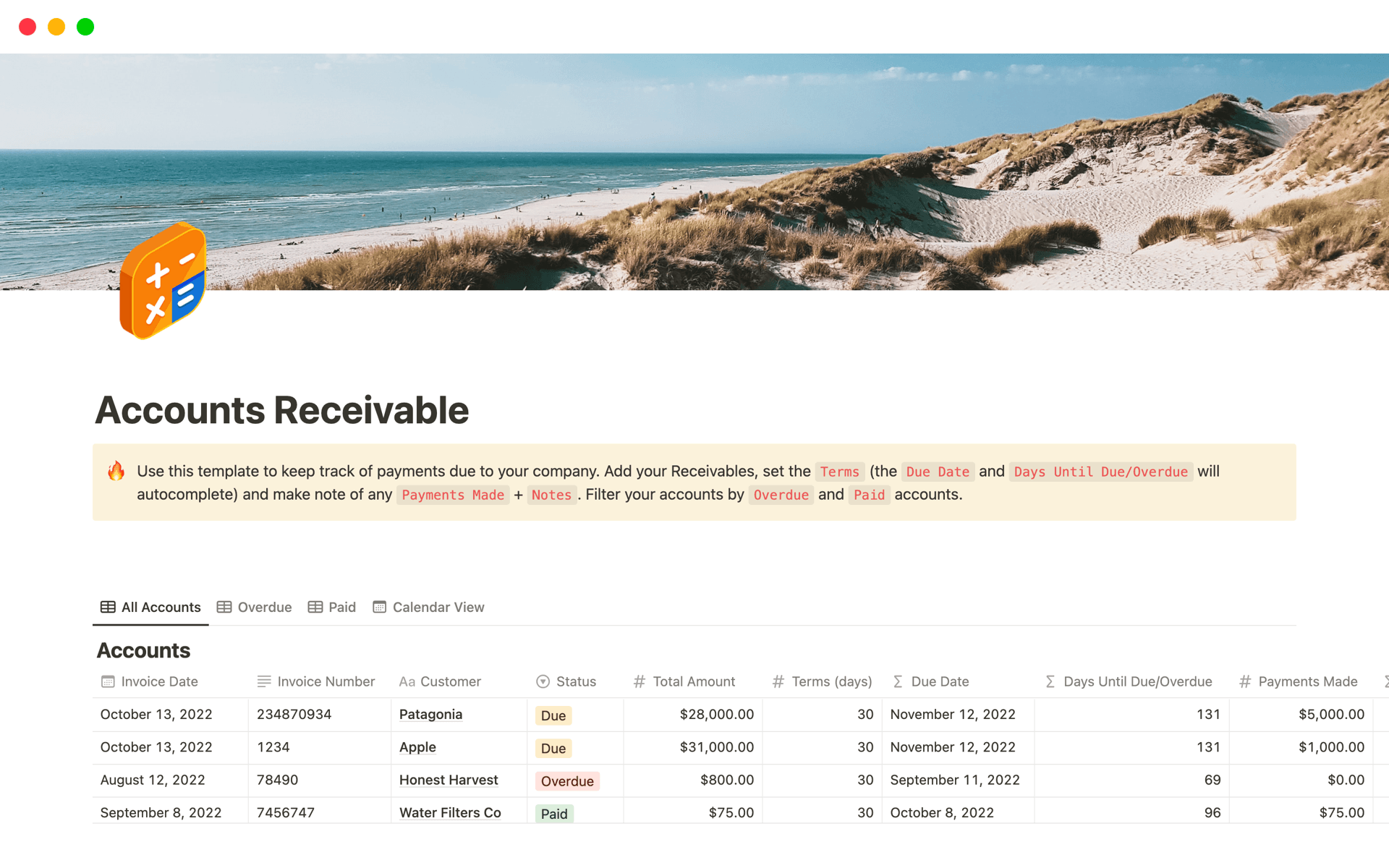 Manage customer payments effectively with this invoice tracking template. Automatically calculate overdue accounts based on payment terms, create detailed invoices, and track payment statuses. Perfect for keeping your accounts receivable organized.